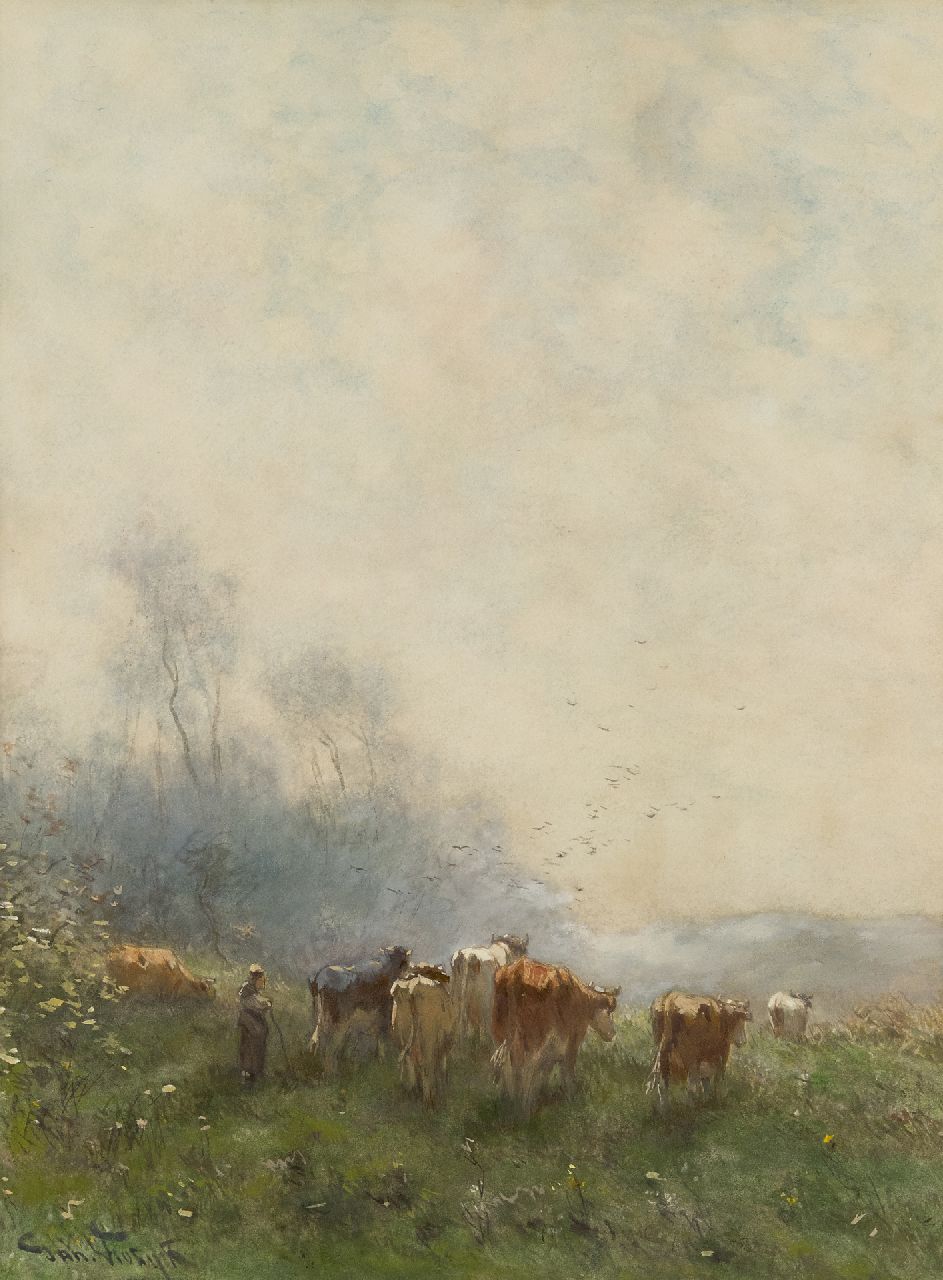 Vrolijk J.M.  | Johannes Martinus 'Jan' Vrolijk, Shepherdess with her flock in the early morning haze, watercolour on paper 53.5 x 39.4 cm, signed l.l.