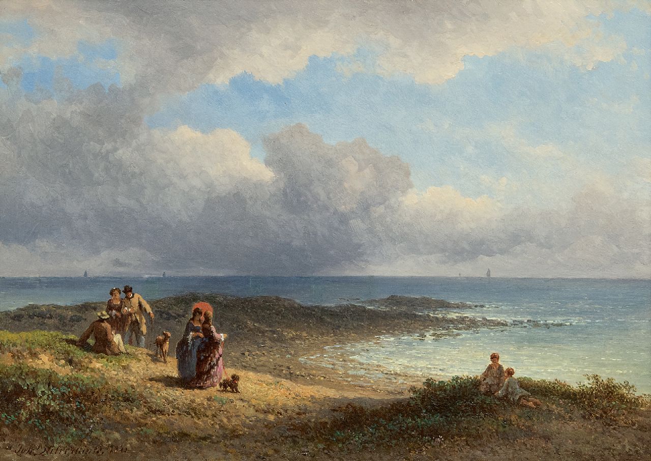 Hilverdink J.  | Johannes Hilverdink | Paintings offered for sale | Elegant figures at the French coast, oil on panel 23.6 x 34.2 cm, signed l.l. and dated 1873