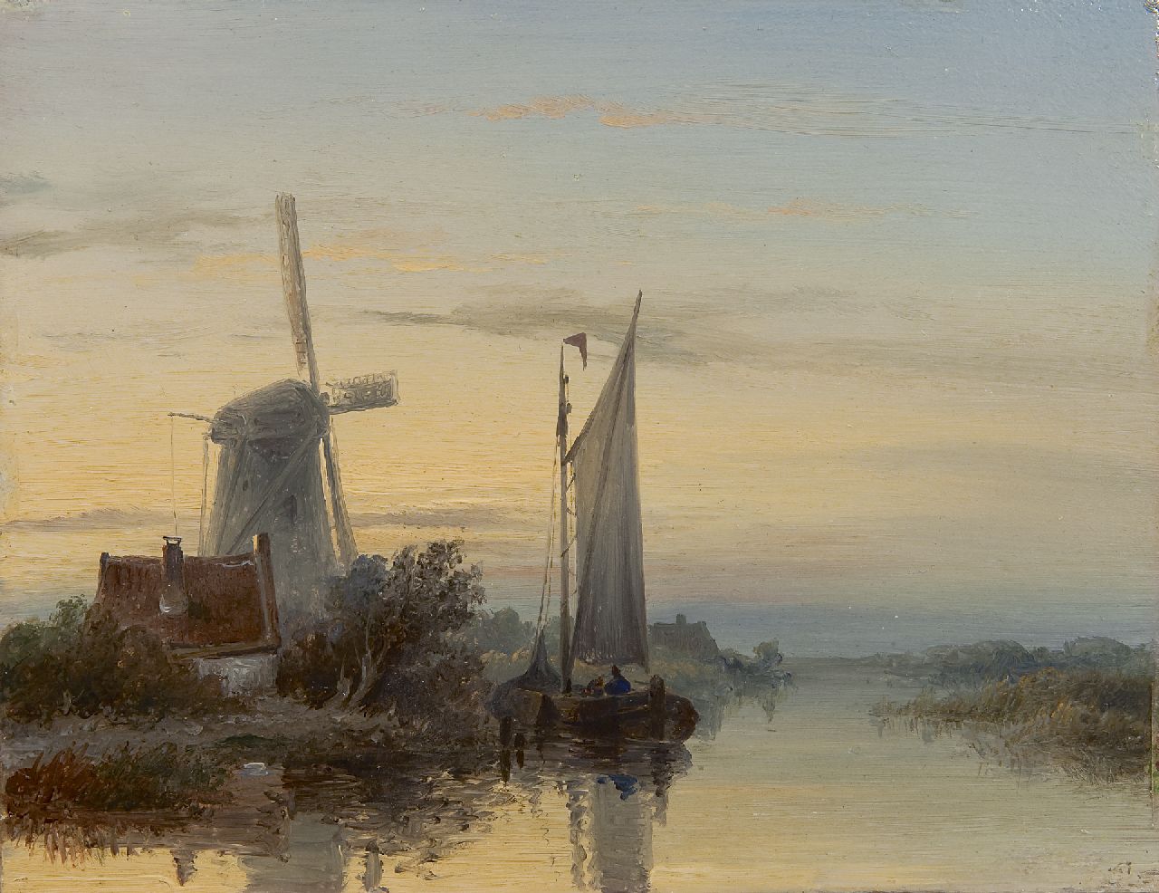 Hilverdink J.  | Johannes Hilverdink, Moored boats near a mill, oil on panel 17.3 x 22.2 cm, signed l.r. remains of signature