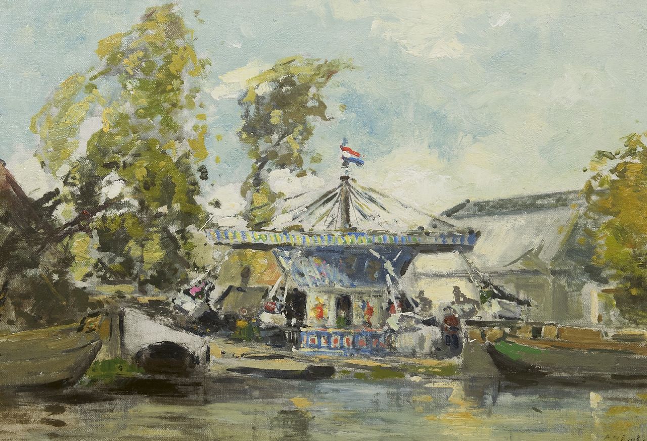 Regt P. de | Pieter 'Piet' de Regt, Merry-go-round near the water's edge, oil on canvas laid down on panel 39.8 x 56.7 cm, signed l.r. and reverse