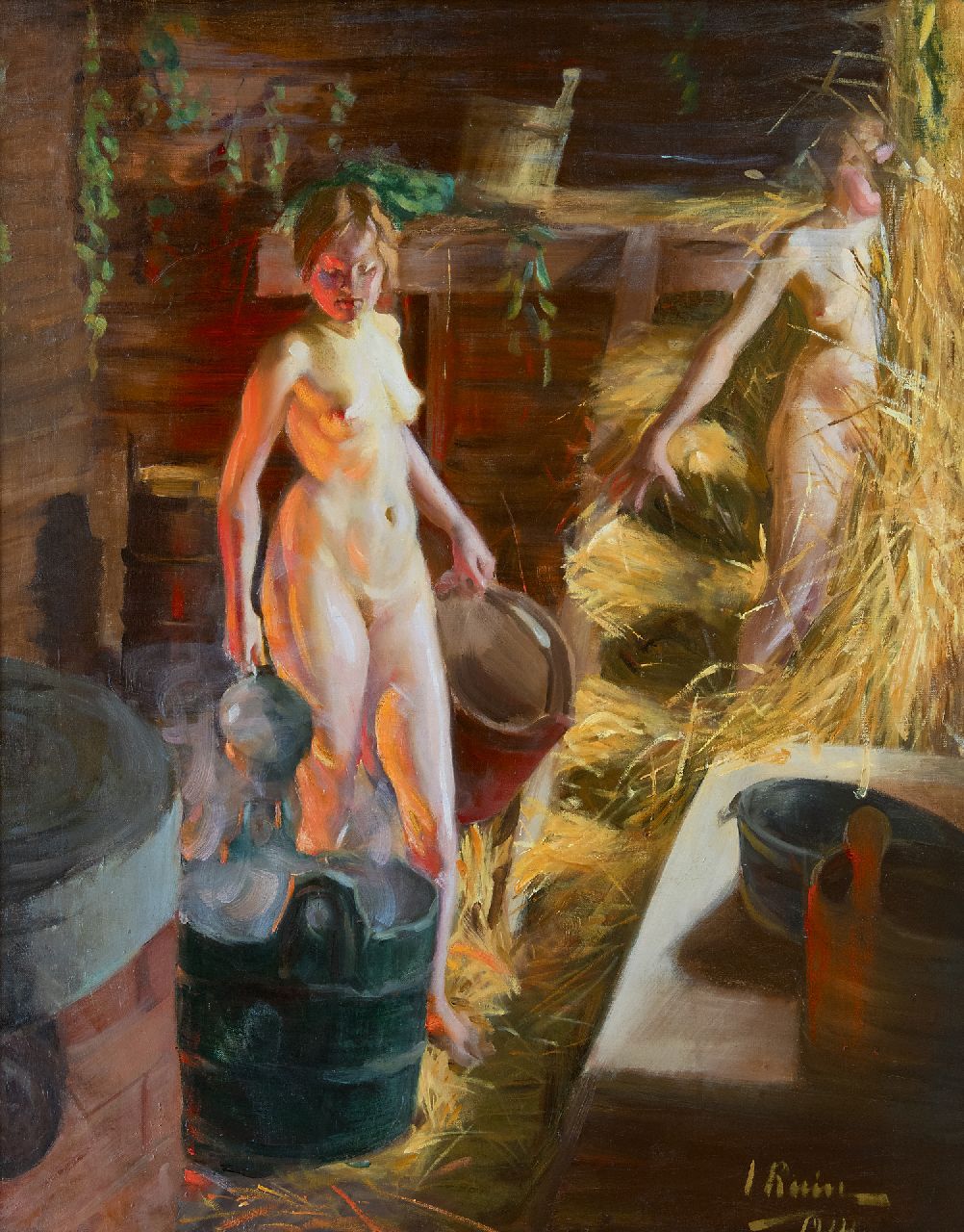 Ruin I.L.  | Ingrid Linnea Ruin | Paintings offered for sale | Two girls in a sauna, oil on canvas 92.3 x 76.3 cm, signed l.r. and dated 1914