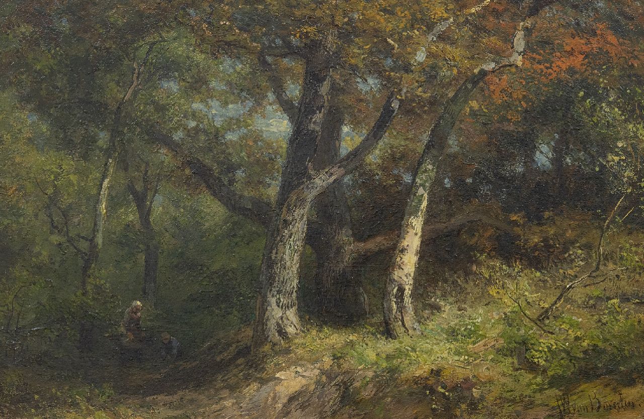 Borselen J.W. van | Jan Willem van Borselen, Wood gatherers on a forest track, oil on panel 27.8 x 42.0 cm, signed l.r.