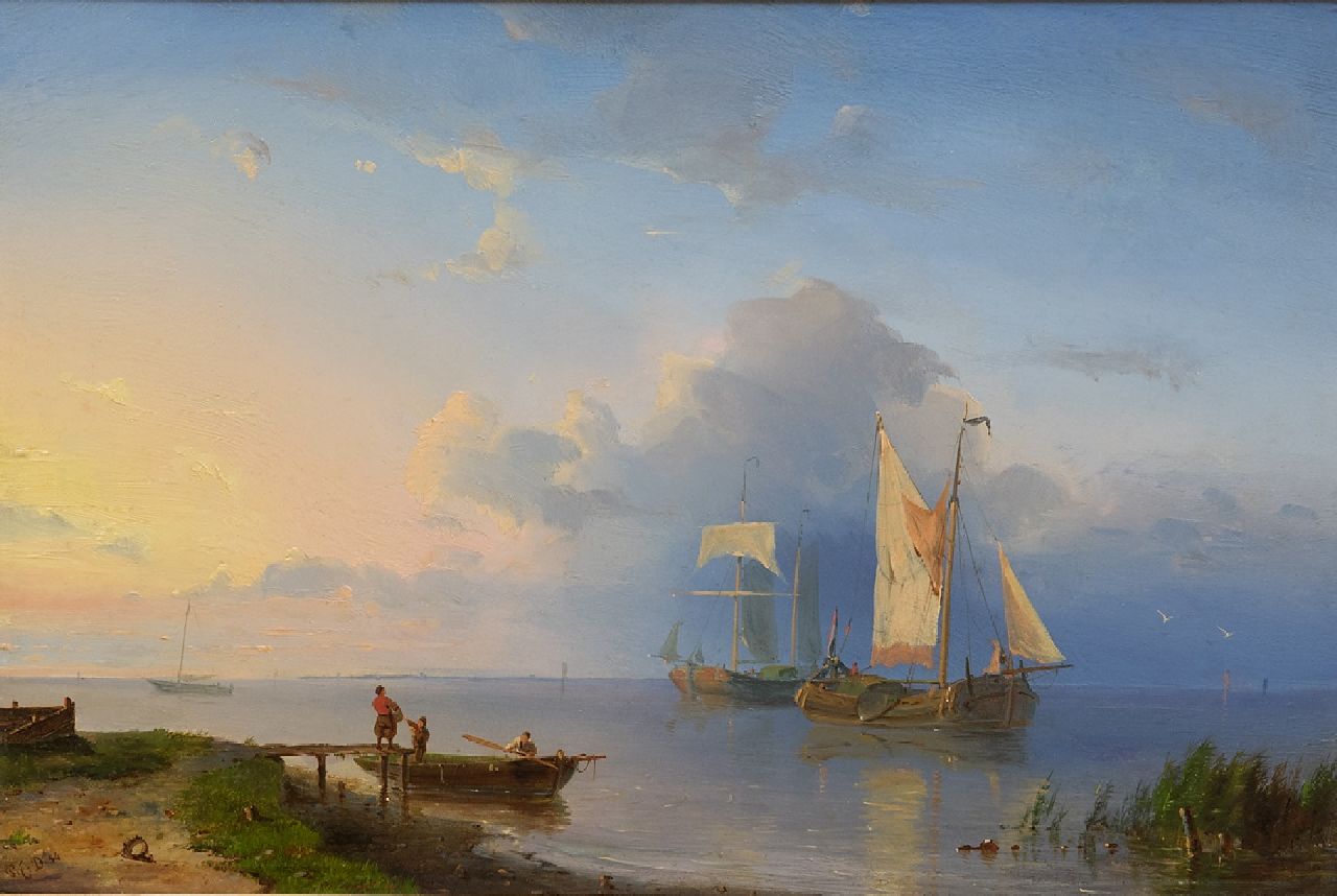 Dommershuijzen P.C.  | Pieter Cornelis Dommershuijzen | Paintings offered for sale | A river landscape with sailing vessels at sunrise, oil on panel 22.0 x 32.6 cm, signed l.l. with initials and dated '54