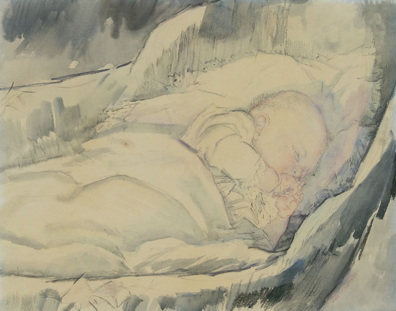 Sluijters J.C.B.  | Johannes Carolus Bernardus 'Jan' Sluijters | Watercolours and drawings offered for sale | Sleeping baby, black chalk and watercolour on paper 43.3 x 55.1 cm, signed l.r.