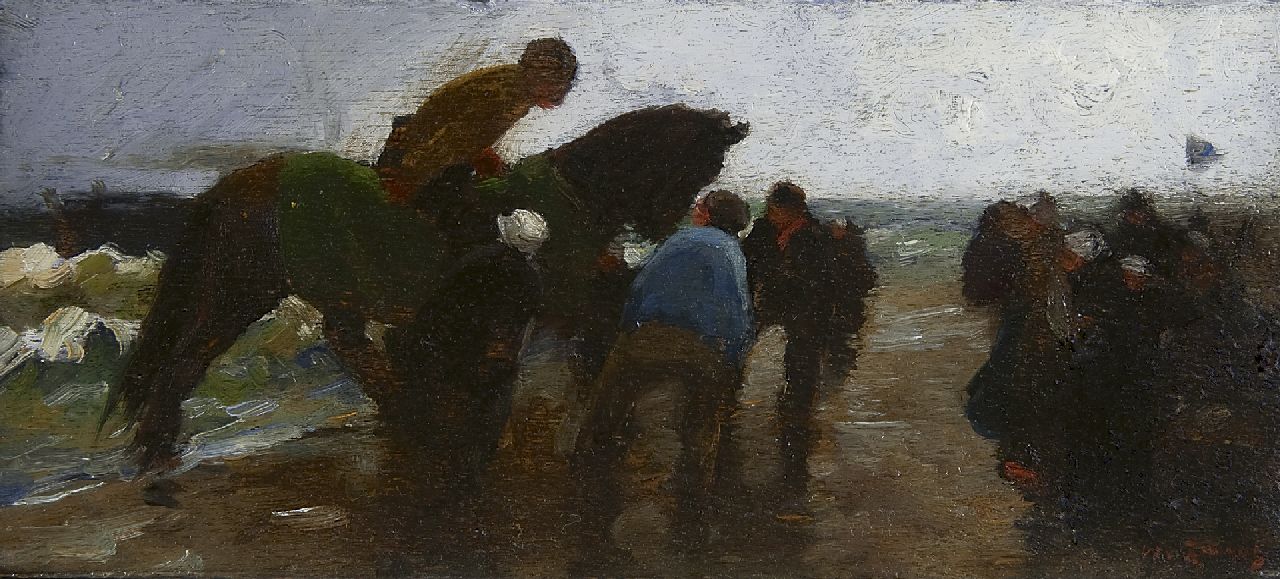 Zwart W.H.P.J. de | Wilhelmus Hendrikus Petrus Johannes 'Willem' de Zwart, On the beach in a storm, oil on panel 11.8 x 26.5 cm, signed l.r. and painted circa 1893-1894