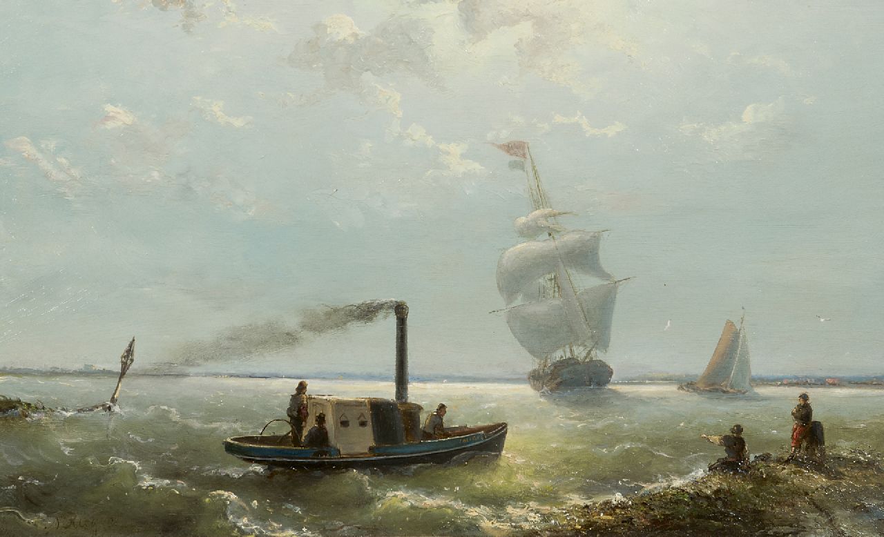 Riegen N.  | Nicolaas Riegen, A steamer along the coastline, oil on panel 24.9 x 40.0 cm, signed l.l.