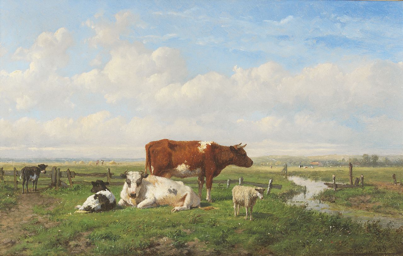 Wijngaerdt A.J. van | Anthonie Jacobus van Wijngaerdt, Cattle in a Dutch pasture, oil on panel 22.6 x 36.0 cm, signed l.r.