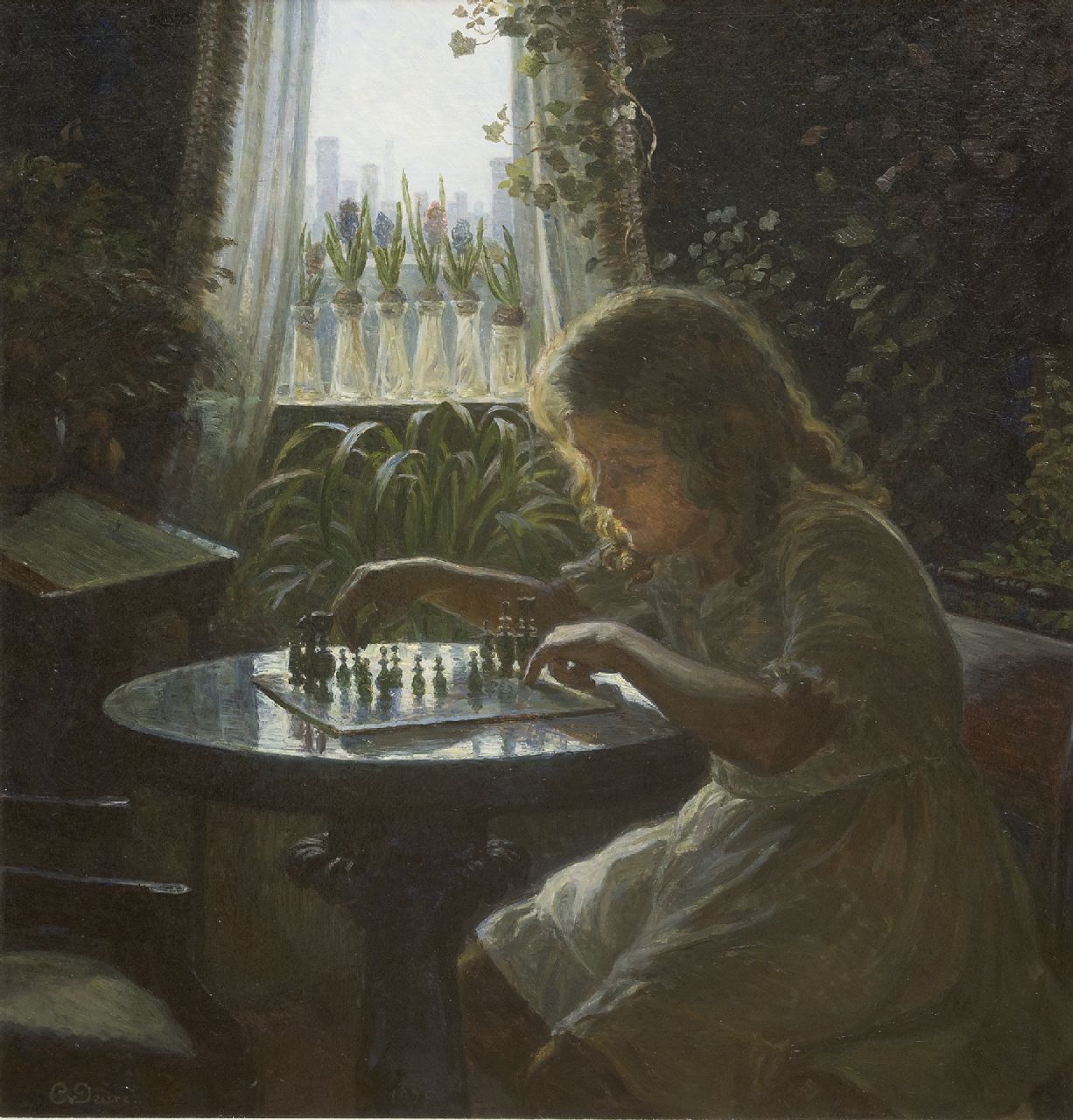 Schønheyder van Deurs C.A.  | Caroline Alexia Schønheyder van Deurs, The young chess player, oil on canvas 63.5 x 59.5 cm, signed l.l.