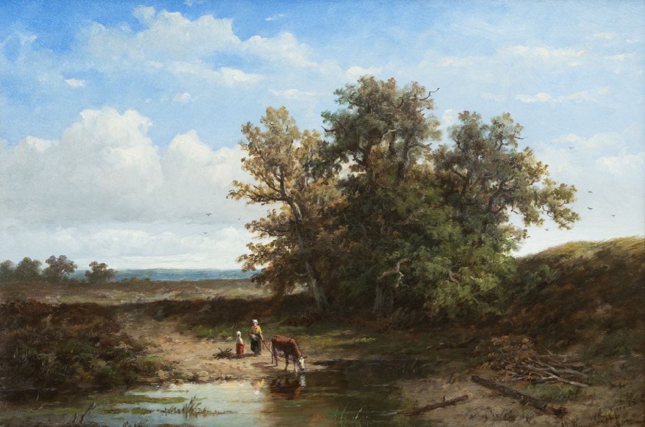 Wijngaerdt A.J. van | Anthonie Jacobus van Wijngaerdt, Country woman herding a cow, oil on canvas 37.2 x 54.4 cm, signed l.r.