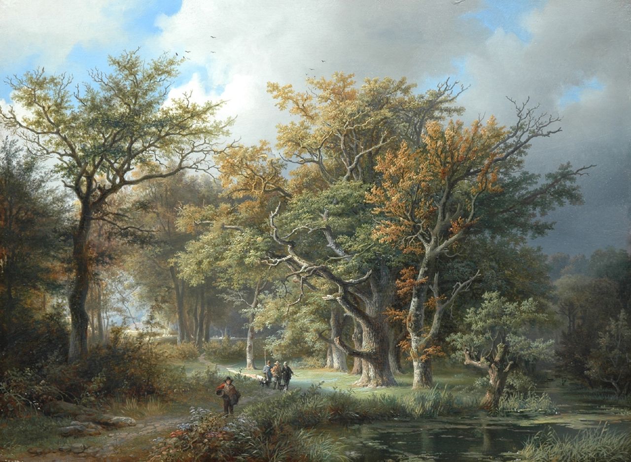 Haanen R.A.  | Remigius Adrianus Haanen, A forest landscape with country-people and hunters, oil on panel 42.2 x 57.1 cm