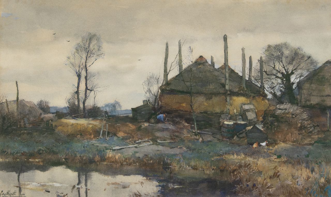 Windt Ch. van der | Christophe 'Chris' van der Windt | Watercolours and drawings offered for sale | A farm on the waterfront, watercolour and gouache on paper 42.3 x 70.2 cm, signed l.l. and painted 1906