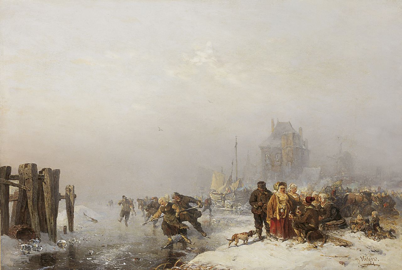 Hilgers C.  | Carl Hilgers, Skaters on the ice in a winter landscape, oil on canvas 48.7 x 65.9 cm, signed l.r. and dated 1886 on reverse