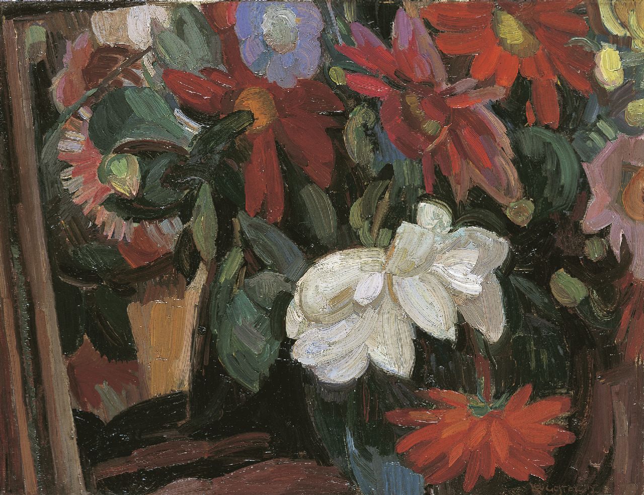 Gestel L.  | Leendert 'Leo' Gestel, A flower stillife, oil on canvas 41.3 x 53.4 cm, signed l.r. and dated '15