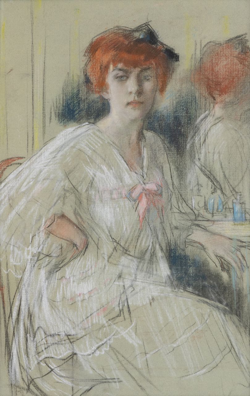 Garf S.  | Salomon Garf | Watercolours and drawings offered for sale | Young woman sitting at her dressing table, pastel on paper 59.9 x 38.5 cm