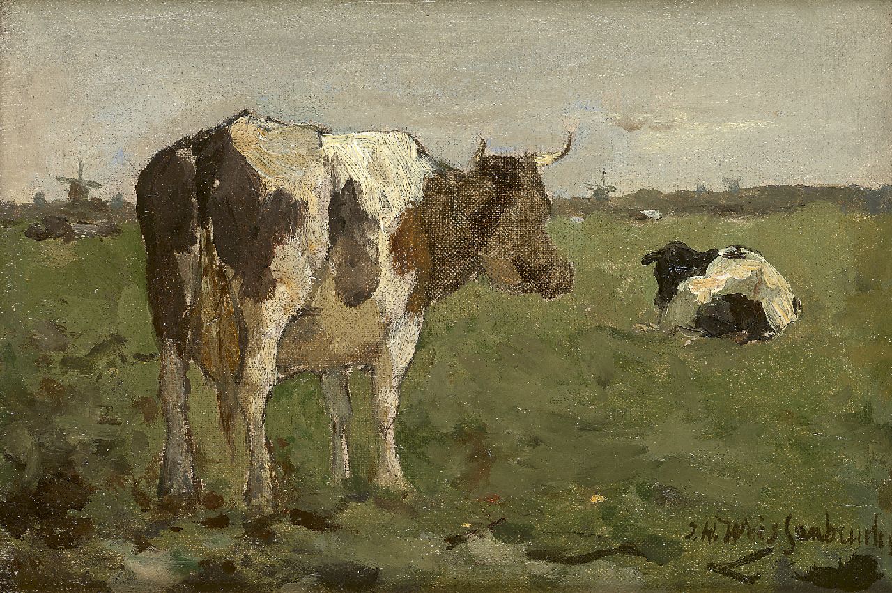 Weissenbruch H.J.  | Hendrik Johannes 'J.H.' Weissenbruch, Cows in a polder landscape, oil on canvas laid down on panel 14.0 x 20.5 cm, signed l.r.