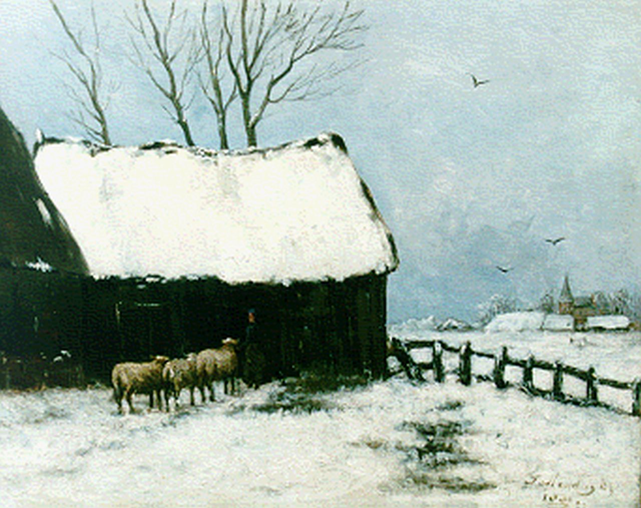 Mesdag T.  | Taco Mesdag, A sheep fold in winter, oil on canvas 40.0 x 51.0 cm, signed l.r. and dated 1881