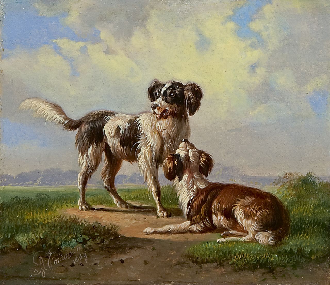 Verhoesen A.  | Albertus Verhoesen, Two hounds in a landscape, oil on panel 10.8 x 12.4 cm, signed l.l. and dated 1864