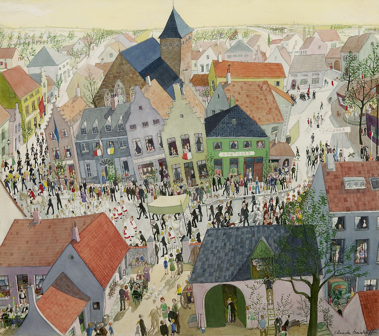 Nanreff C.  | Claude Nanreff, The procession, watercolour on paper 37.3 x 41.8 cm, signed l.r.