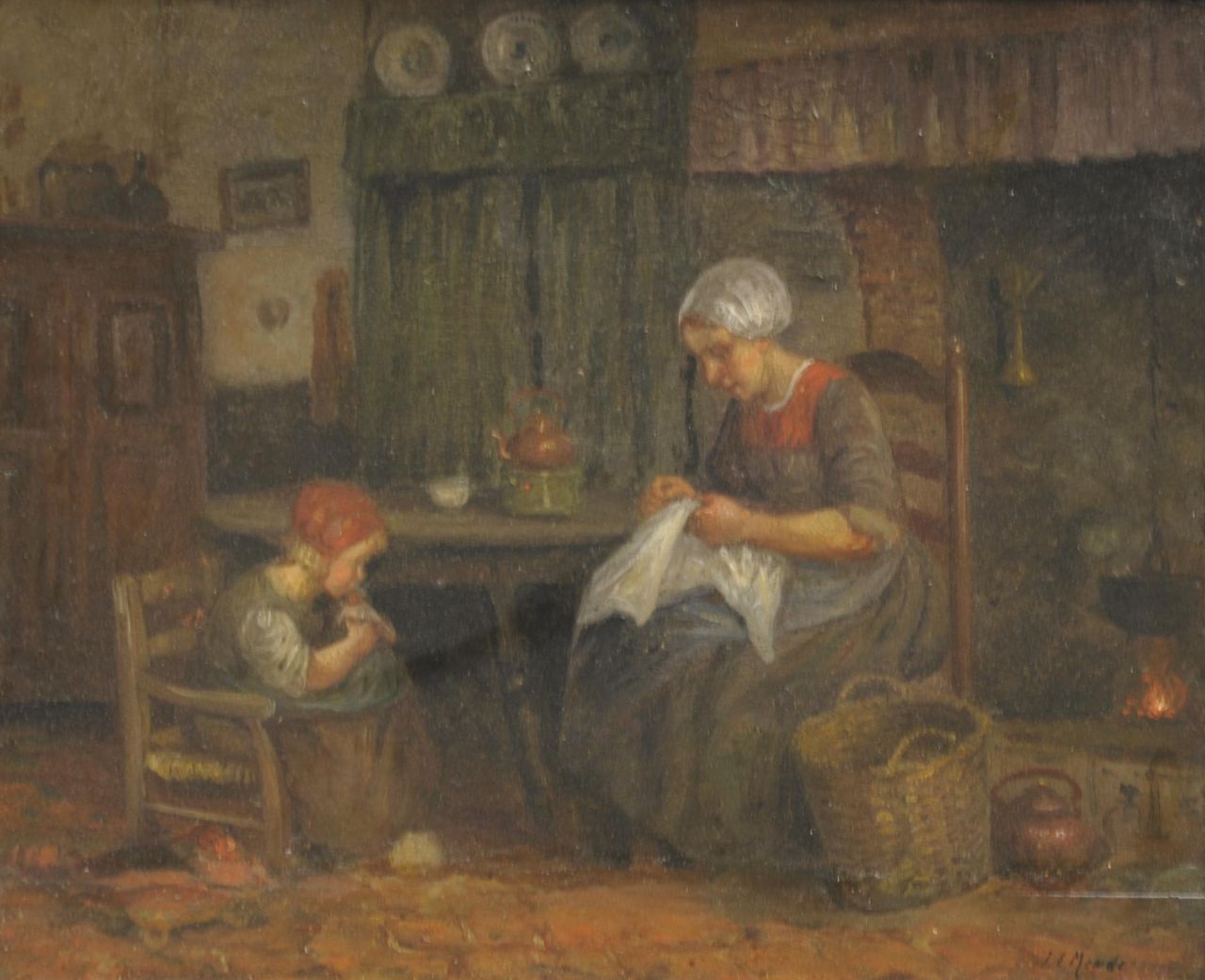 Mendes J.E.  | Jules Eduard Mendes, Woman sewing, oil on panel 33.9 x 41.3 cm, signed l.r.