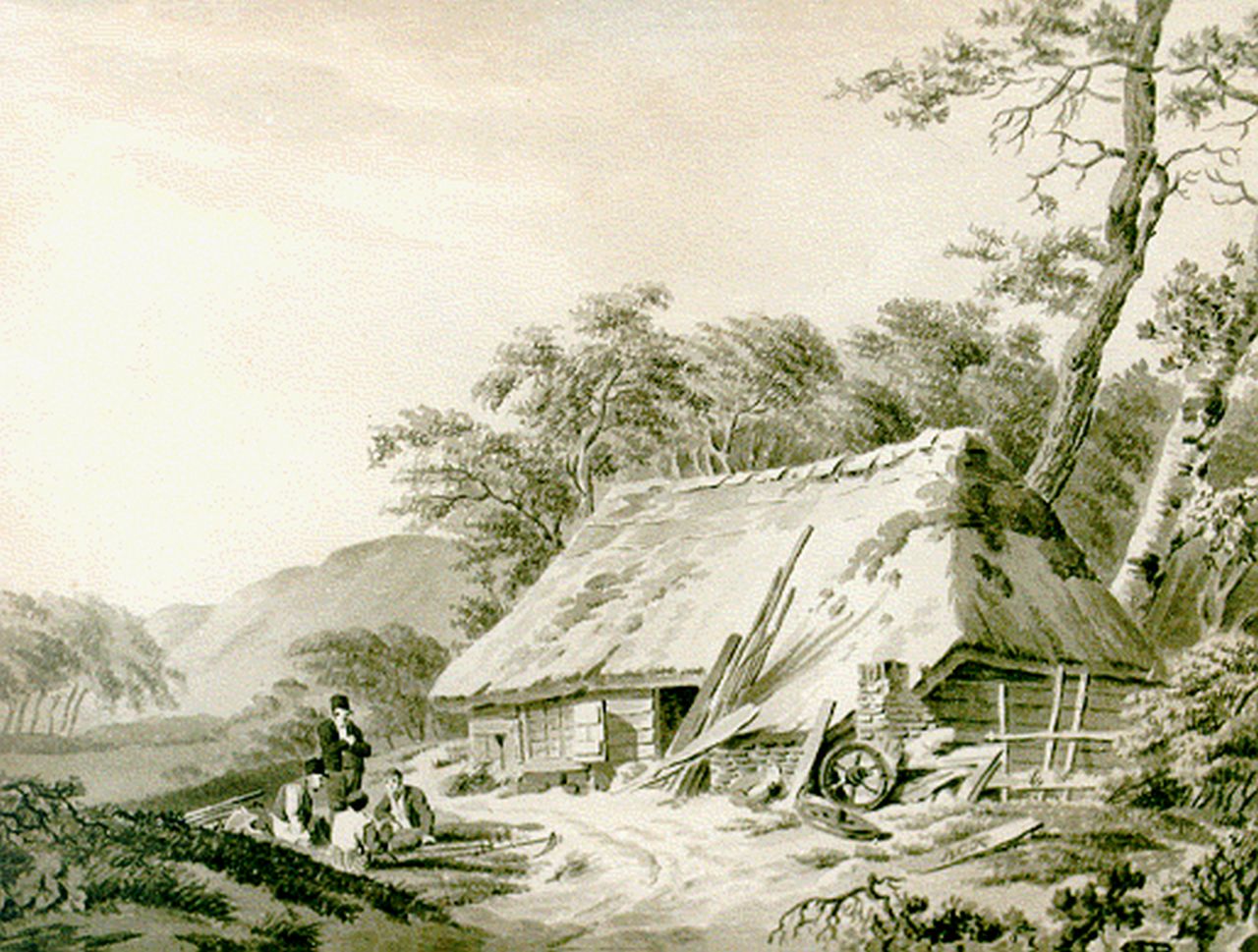 Koekkoek B.C.  | Barend Cornelis Koekkoek, Travellers resting near a farm, sepia on paper 18.0 x 23.5 cm, signed l.r. with monogram