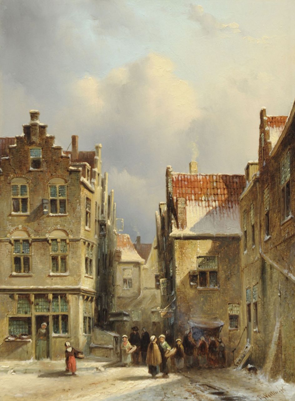 Vertin P.G.  | Petrus Gerardus Vertin, A Dutch streetscene, in winter, oil on panel 32.9 x 24.7 cm, signed l.r. and dated '56