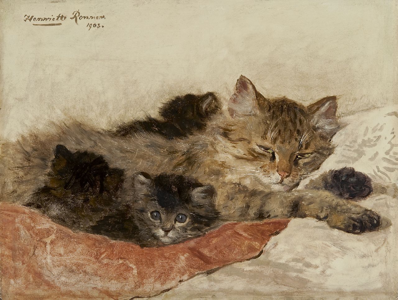 Ronner-Knip H.  | Henriette Ronner-Knip, Dozing cat with her kittens, oil on panel 27.9 x 36.5 cm, signed u.l. and dated 1903