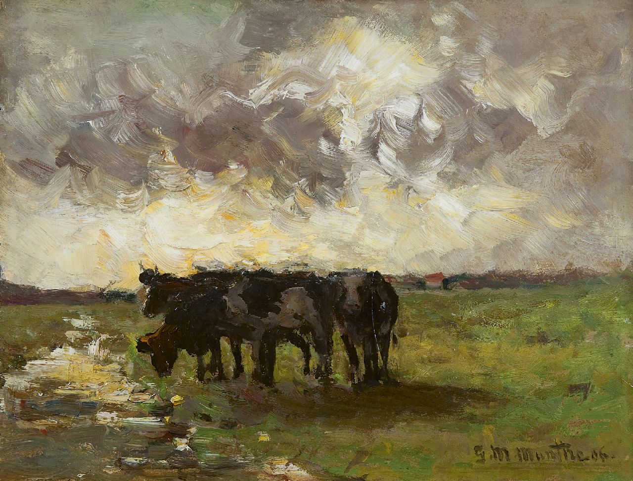 Munthe G.A.L.  | Gerhard Arij Ludwig 'Morgenstjerne' Munthe, Cows in a meadow, oil on painter's board 25.2 x 32.9 cm, signed l.r. and dated '06