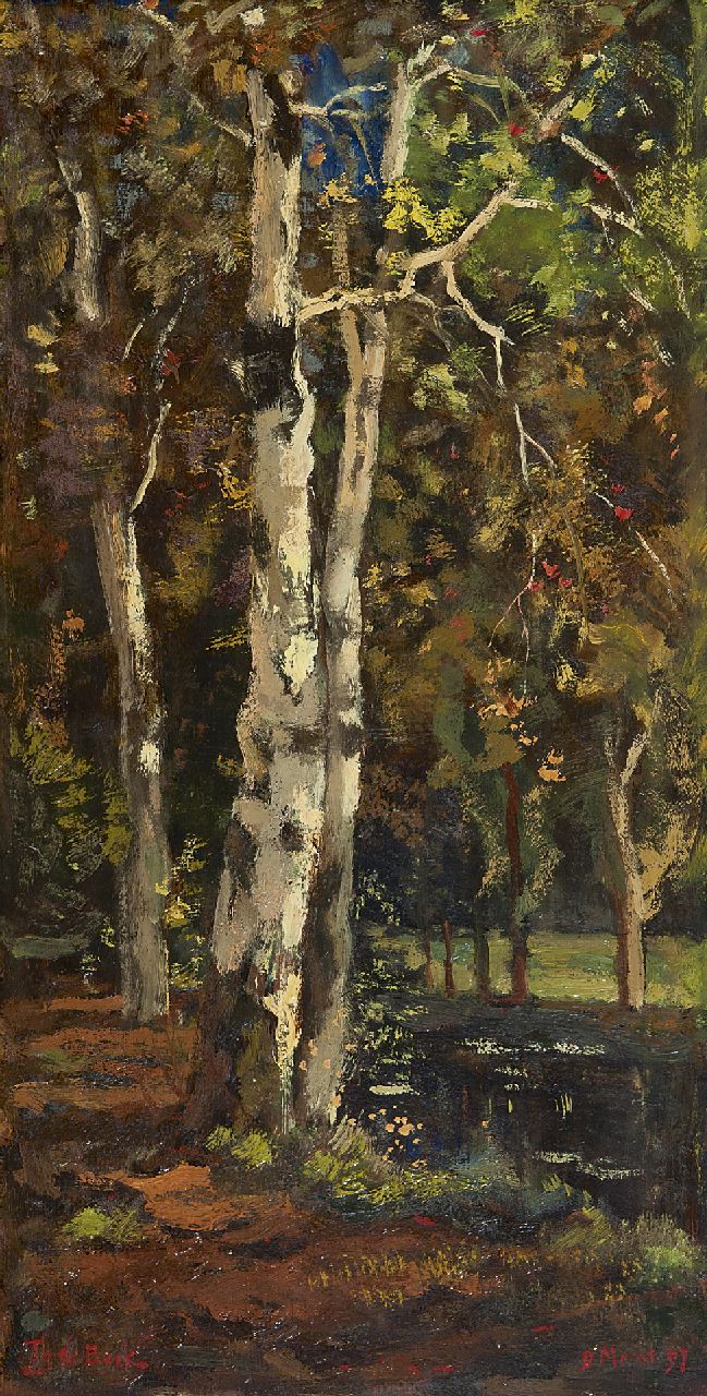 Bock T.E.A. de | Théophile Emile Achille de Bock, Birches, oil on panel 52.8 x 26.6 cm, signed l.l. and dated 9 Maart '97