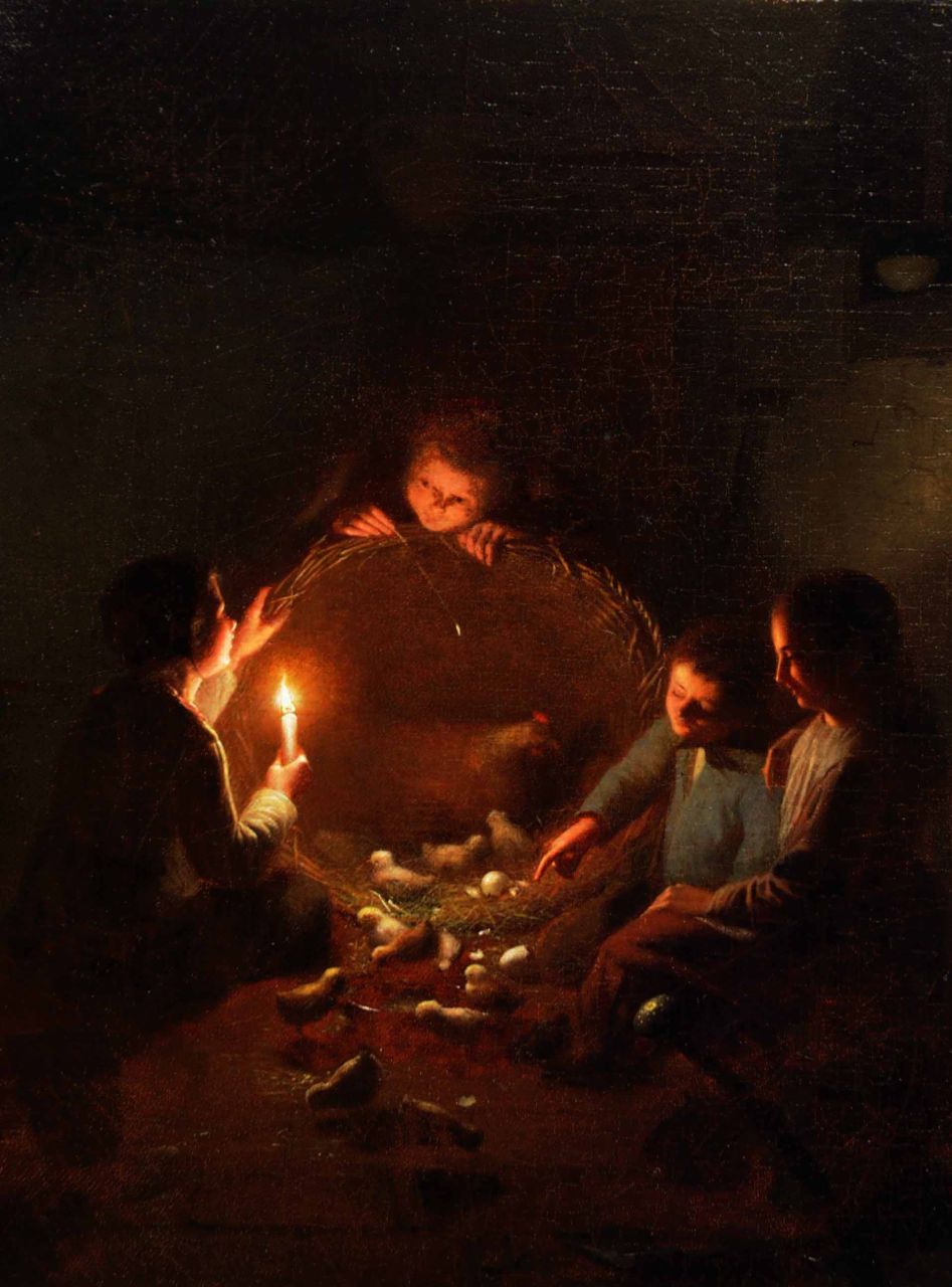Rosierse J.  | Johannes Rosierse, A stable interior with chickens by candlelight, oil on canvas 36.0 x 27.3 cm, signed l.r.