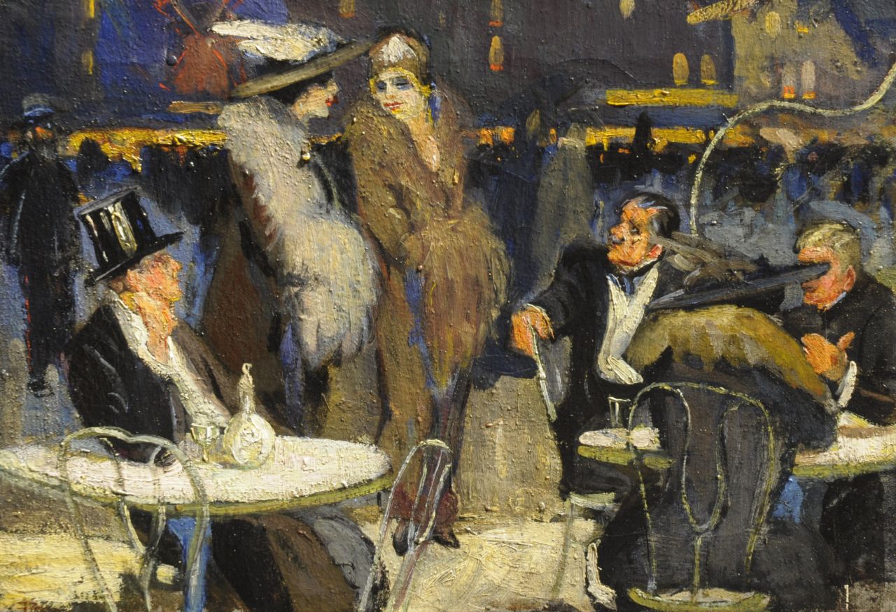 Franse School | Elegant party on a terrace near the Moulin Rouge, Paris, oil on canvas, 27.5 x 39.8 cm, executed (19)20s