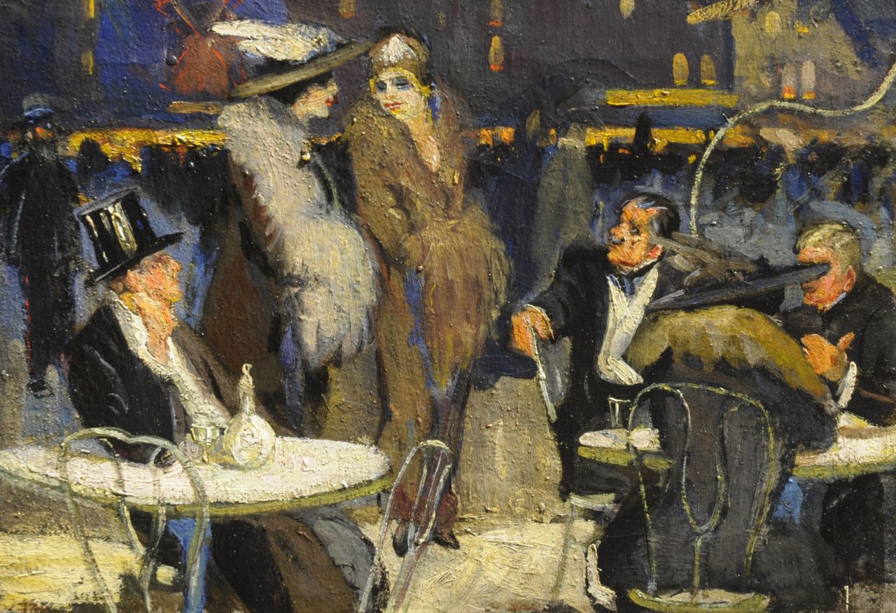 Franse School, 1920-1930   | Franse School, 1920-1930, Elegant party on a terrace near the Moulin Rouge, Paris, oil on canvas 27.5 x 39.8 cm, executed (19)20s