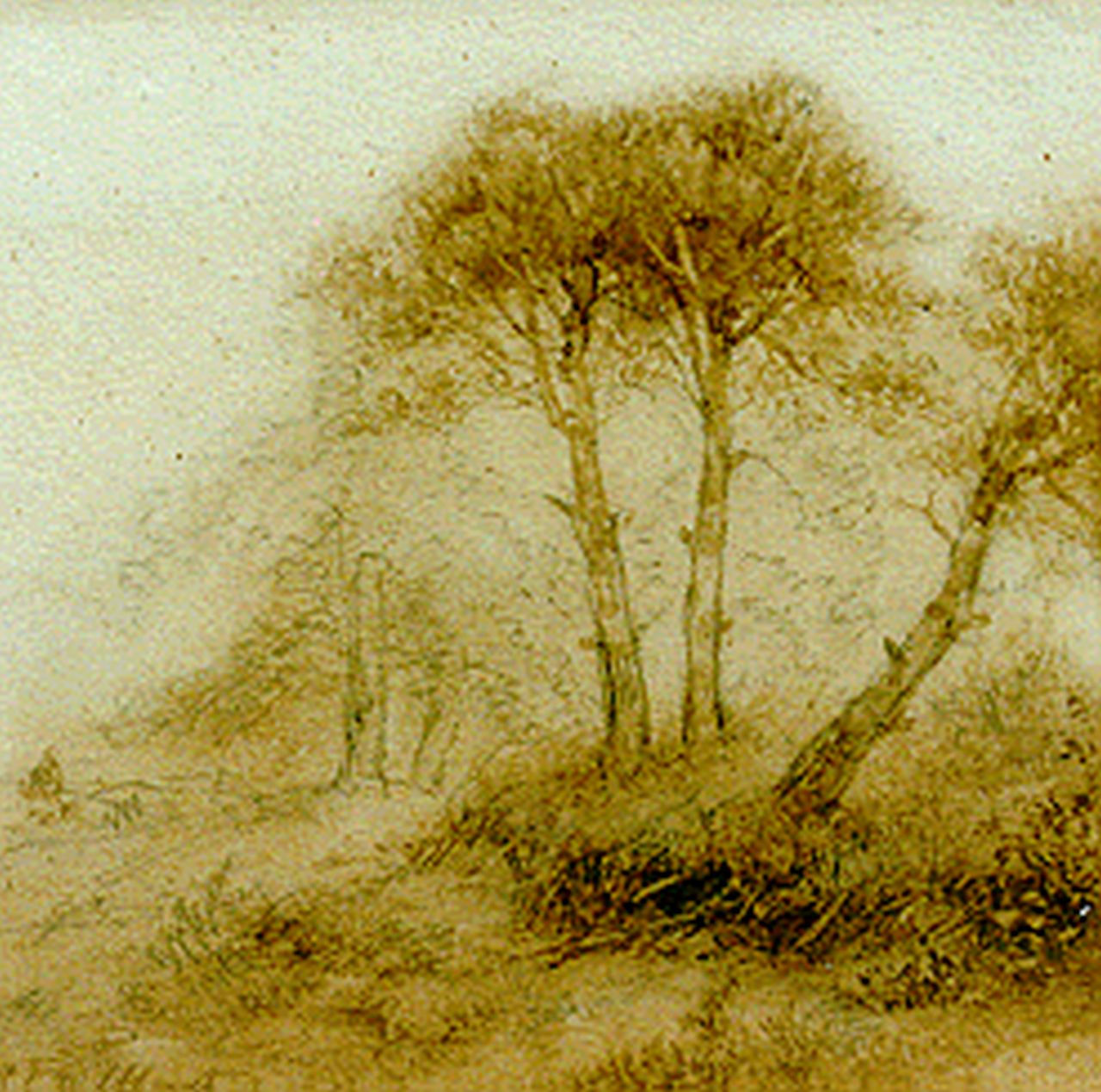 Schelfhout A.  | Andreas Schelfhout, A figure on a forest-path, sepia on paper 16.3 x 16.7 cm, signed l.l.