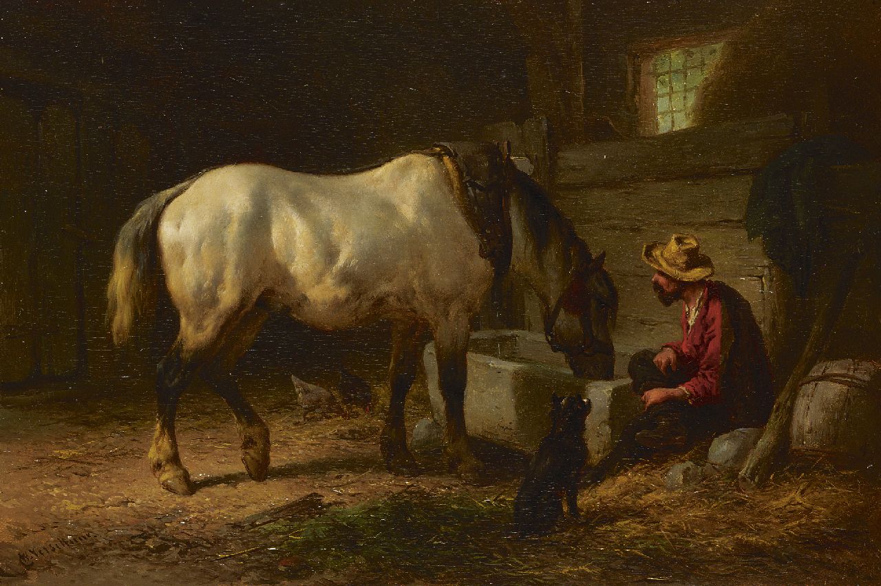 Verschuur W.  | Wouterus Verschuur, Drinking from the water-trough, oil on panel 23.0 x 33.5 cm, signed l.l.