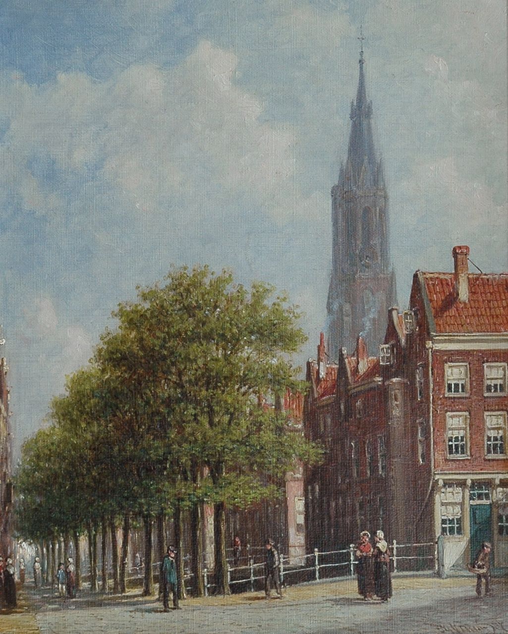Vertin P.G.  | Petrus Gerardus Vertin, A view of the Voldersgracht in Delft with the Nieuwe Kerk, oil on canvas 26.0 x 32.0 cm, signed l.r.