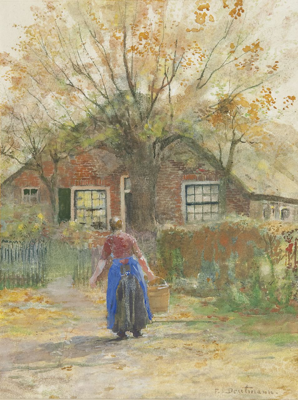 Deutmann F.W.M.  | 'Franz' Wilhelm Maria Deutmann, A farmer's wife with a milkbucket,  Laren, watercolour on paper 30.0 x 23.0 cm, signed l.r.