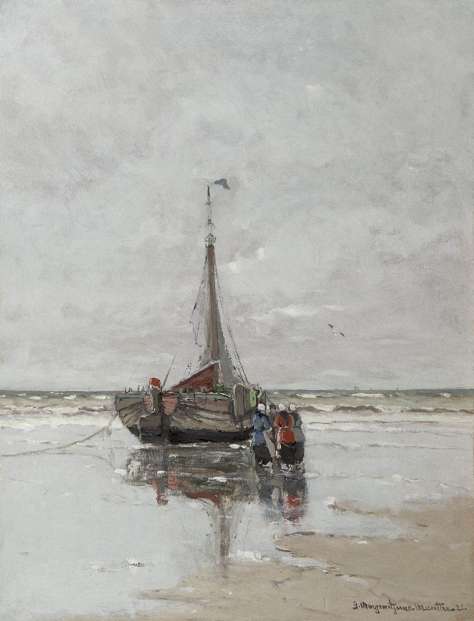 Munthe G.A.L.  | Gerhard Arij Ludwig 'Morgenstjerne' Munthe, Fischerwomen near a 'bomschuit' on the beach, oil on canvas 75.6 x 57.6 cm, signed l.r. and dated '22
