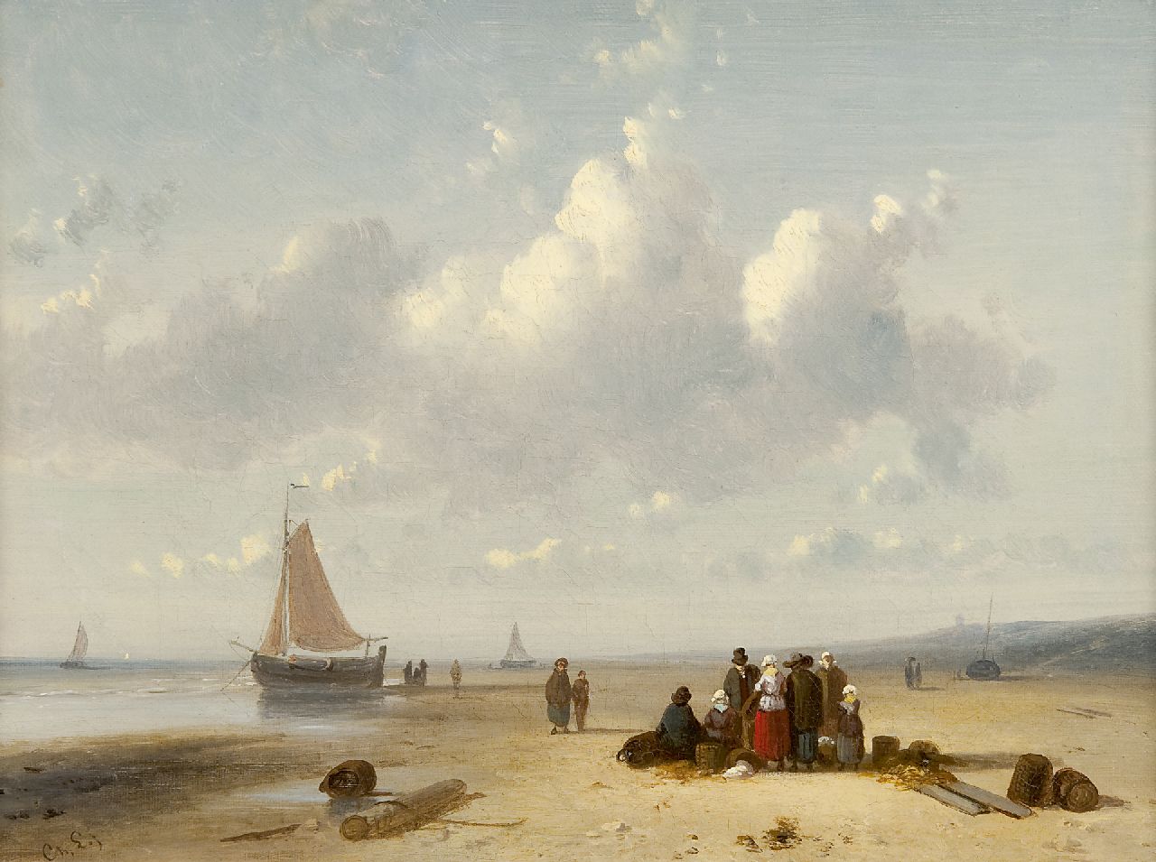 Leickert C.H.J.  | 'Charles' Henri Joseph Leickert, Fish auction on the beach, oil on canvas 22.2 x 30.1 cm, signed with initials l.l.