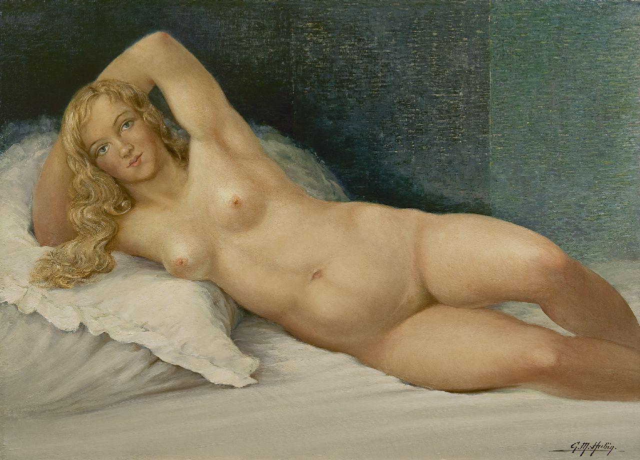 Hubin G.M.  | Gilbert Maurice Hubin, Reclining nude, oil on canvas 74.0 x 102.2 cm, signed l.r.