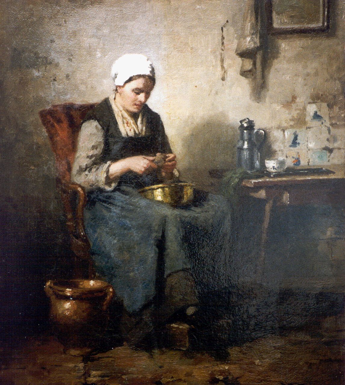 Weiland J.  | Johannes Weiland, Peeling potatoes, oil on canvas 39.8 x 34.5 cm, signed l.l.