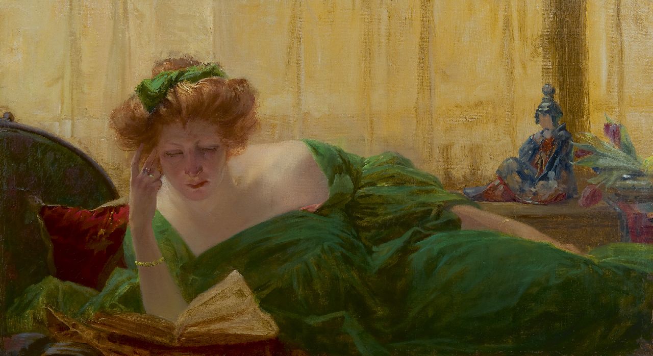 Livemont H.P.A.T.  | Henri 'Privat' Antoine Théodore Livemont, An elegant lady, reading, oil on canvas 46.2 x 82.5 cm, signed l.r. traces of signature