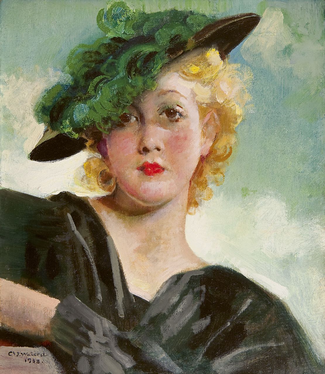 Charles Watelet | Lady with green hat, oil on canvas, 40.1 x 34.9 cm, signed l.l. and dated 1938