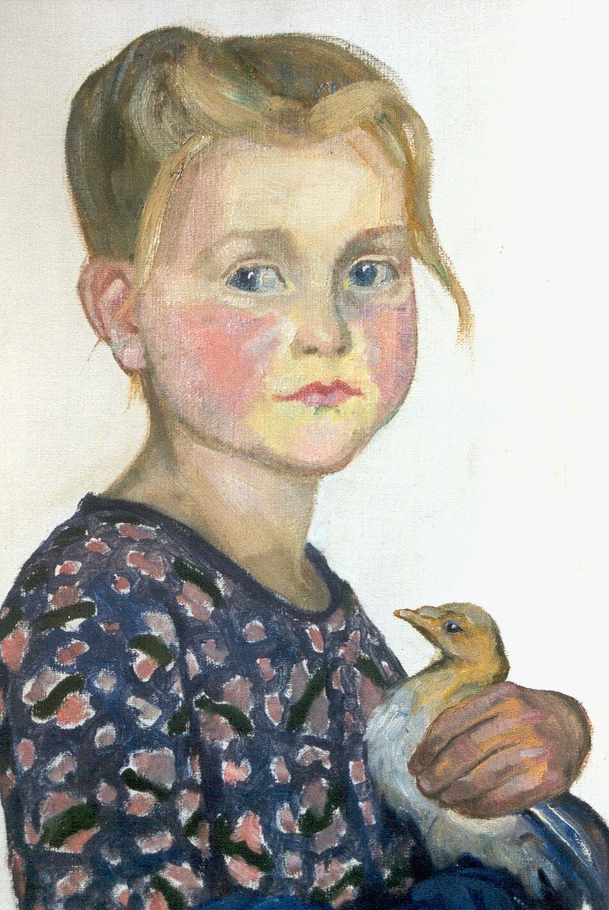 Onbekend   | Onbekend, A girl with a pigeon, oil on painter's board 40.0 x 30.0 cm, signed l.r. with monogram I.M.