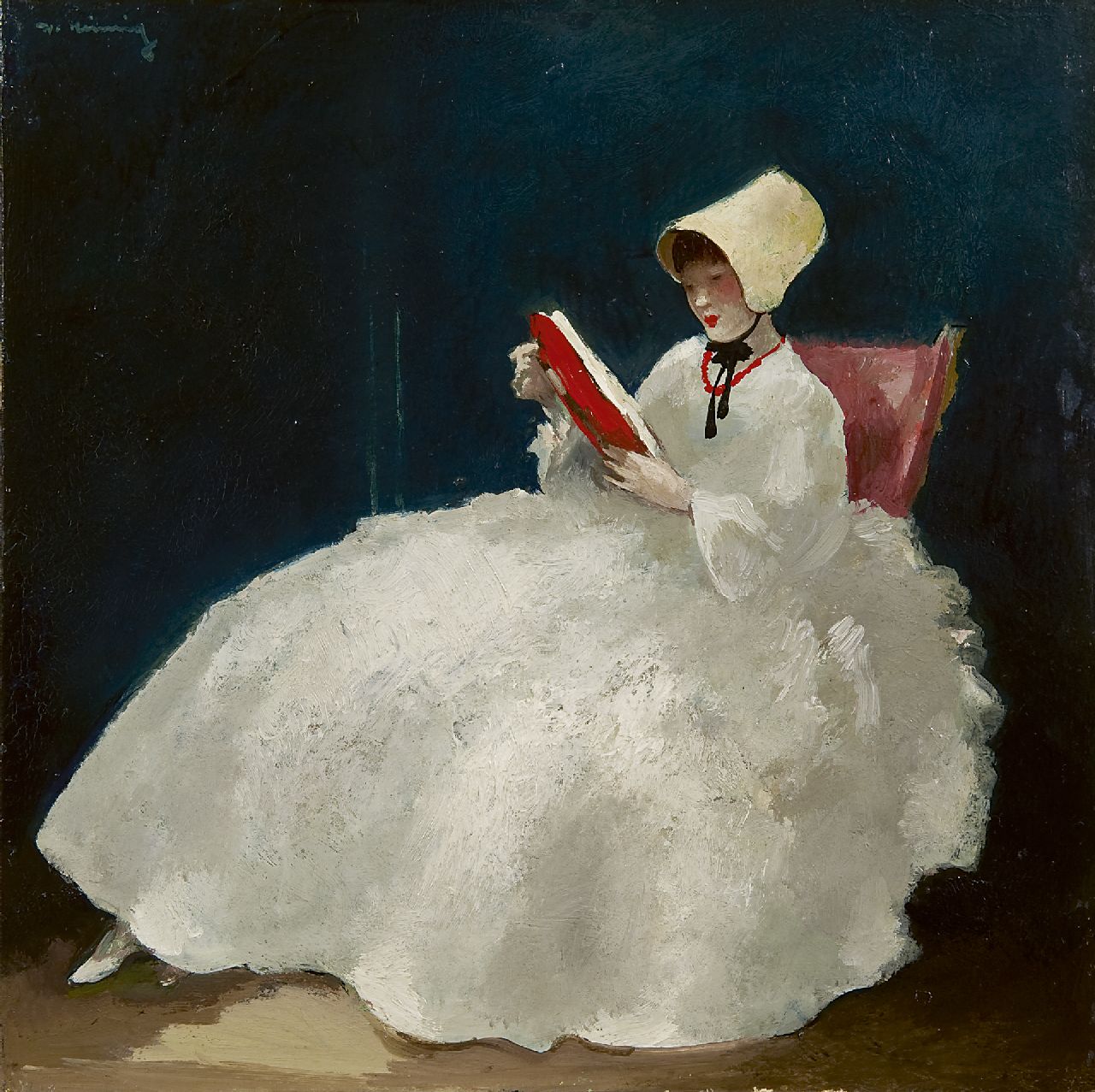 Heimig W.  | Walter Heimig, A girl reading with bonnet, oil on panel 30.0 x 30.1 cm, signed u.l.