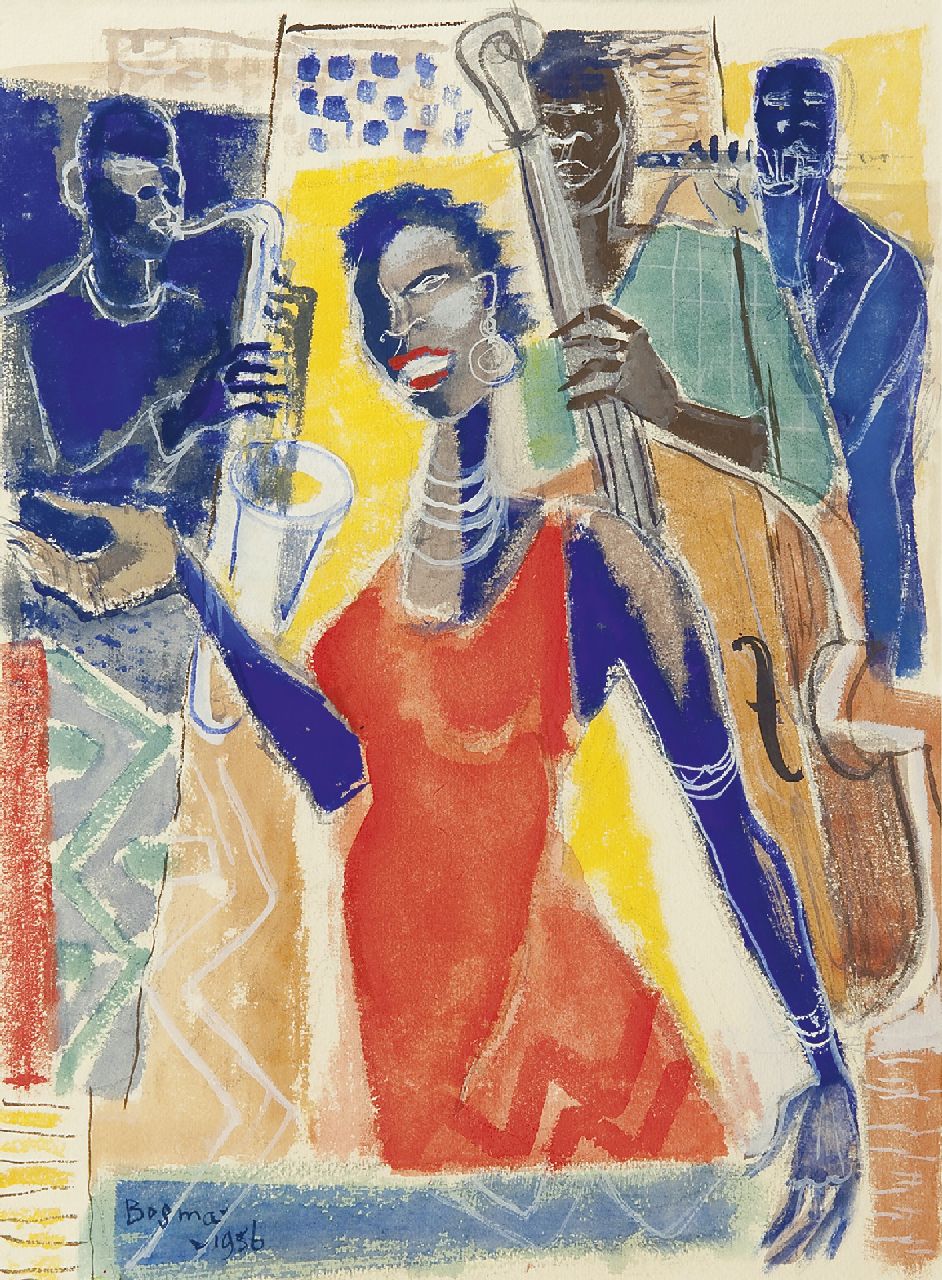 Bosma W.  | Willem 'Wim' Bosma | Watercolours and drawings offered for sale | Sarah Vaughan and band, gouache on paper 39.0 x 29.0 cm, signed l.l. and dated 1956