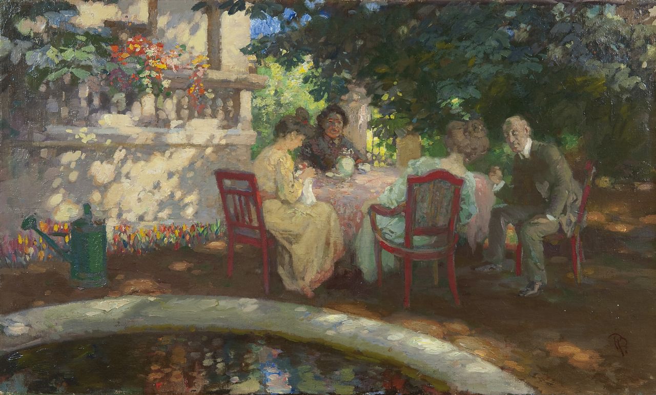 Paul Paede | Garden with tea party, oil on canvas, 40.3 x 67.1 cm, signed l.r. with monogram