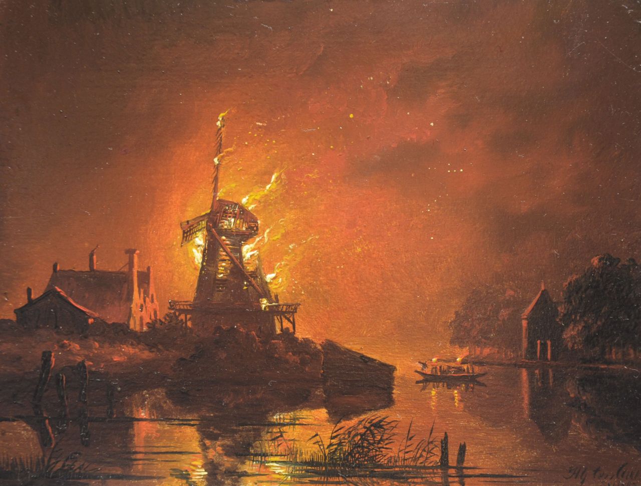 Cate H.G. ten | Hendrik Gerrit ten Cate, A windmill burning, by night, oil on panel 13.8 x 18.3 cm, signed l.r. and indistinctly dated 184[8]
