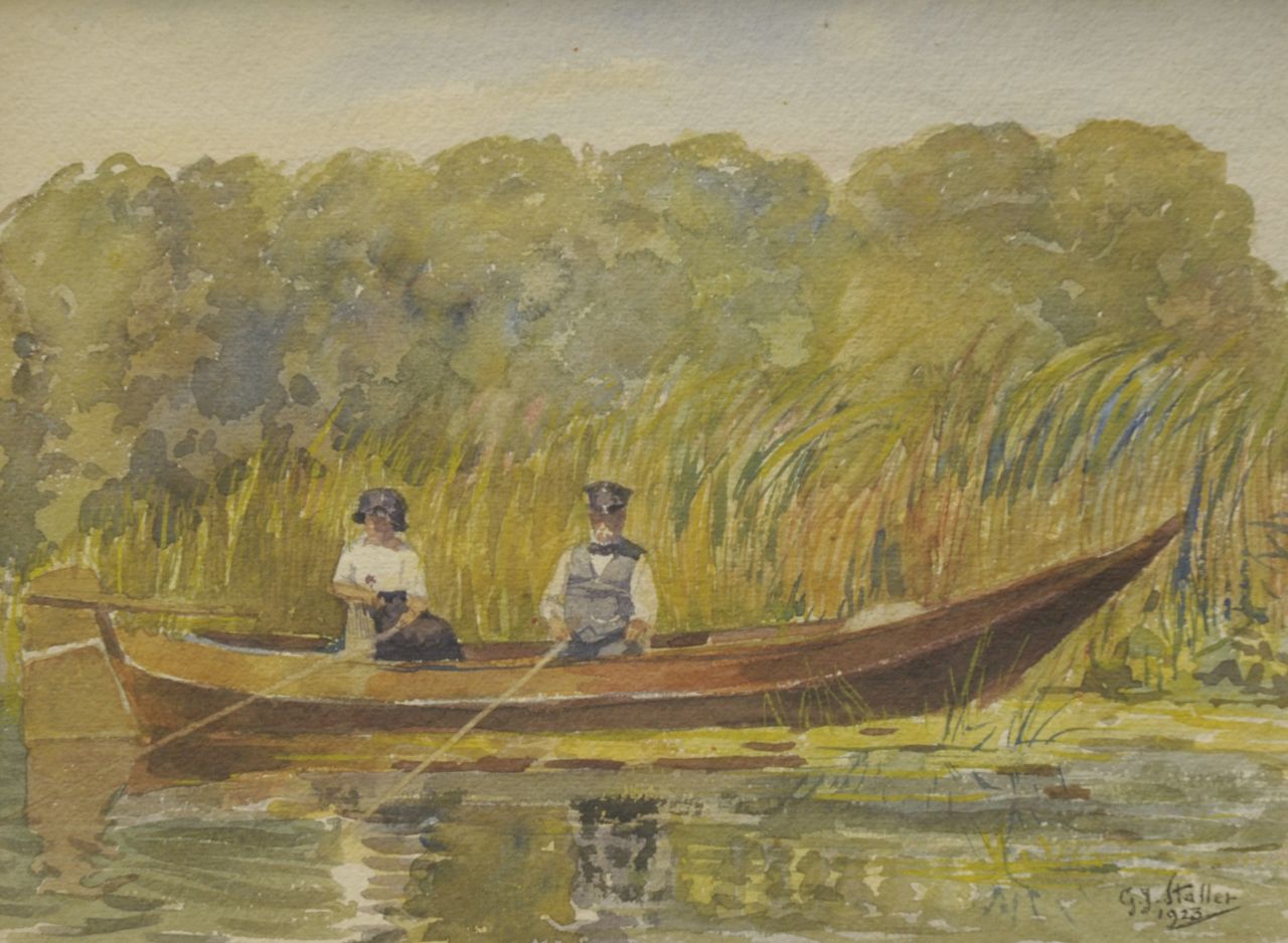 Staller G.J.  | Gerard Johan Staller, A couple, fishing in a rowing boat, watercolour on paper 22.4 x 29.9 cm, signed l.r. and dated 1923
