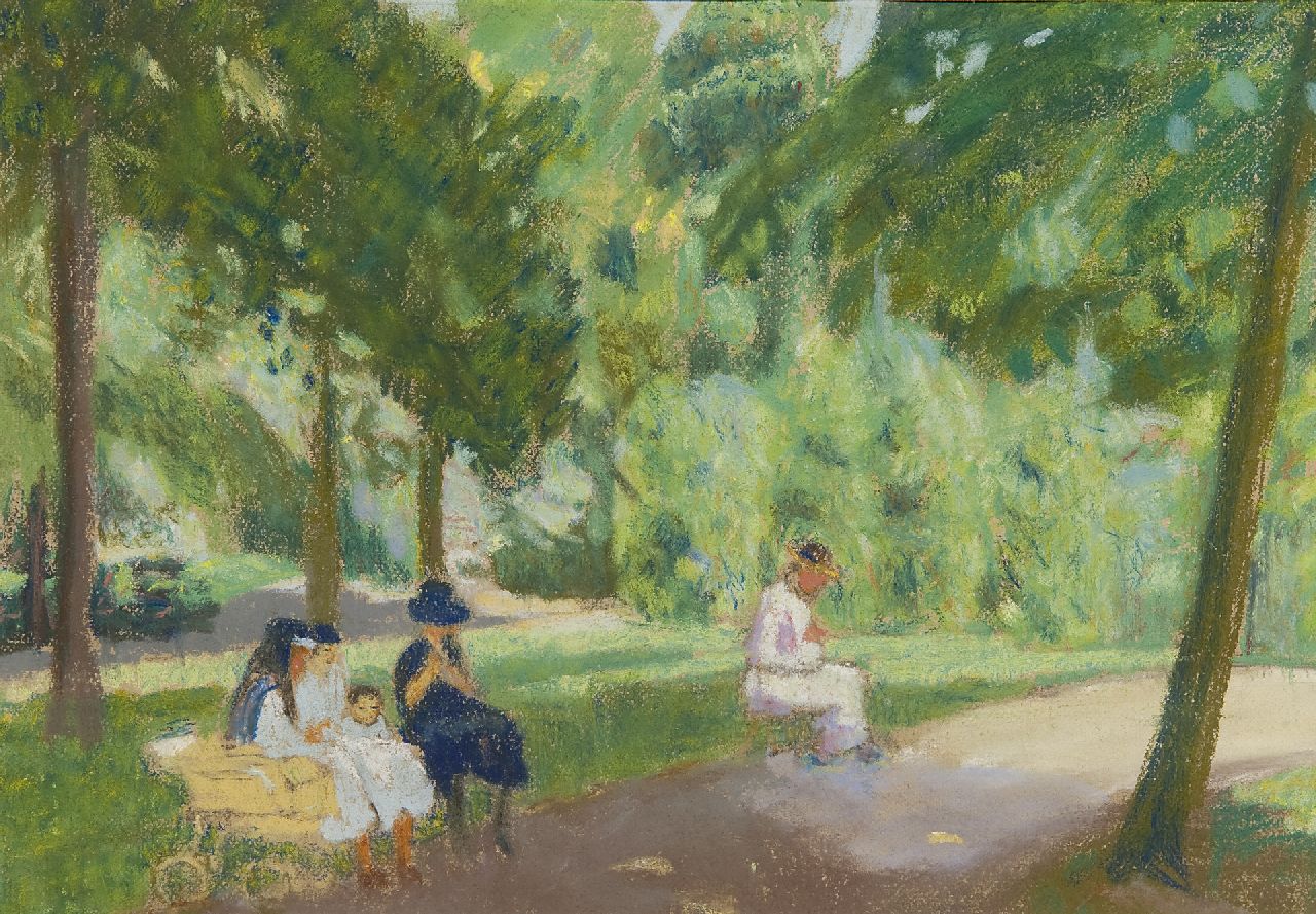 Staller G.J.  | Gerard Johan Staller, Figures in a park, Paris, pastel on paper 20.5 x 29.4 cm