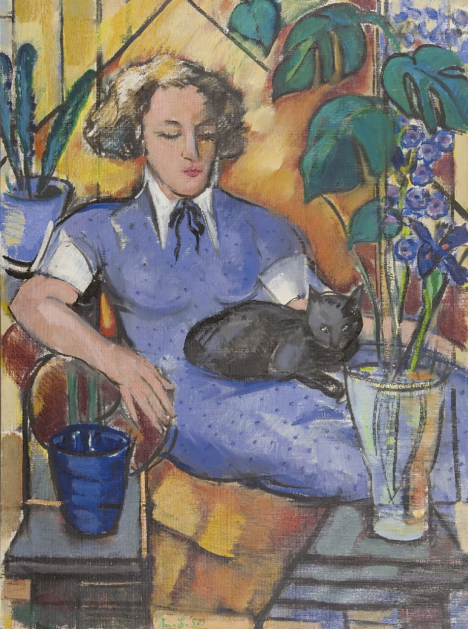 Saalborn L.A.A.  | 'Louis' Alexander Abraham Saalborn, Woman with a cat, oil on canvas 120.8 x 90.4 cm, signed l.m. with initials and dated '50
