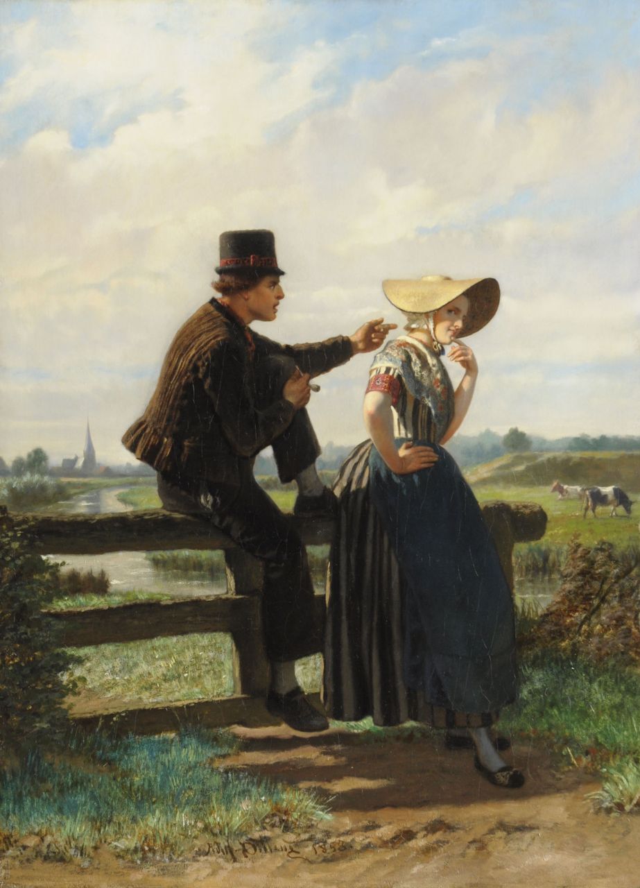 Dillens A.A.  | 'Adolf' Alexander Dillens, The flirtation, oil on panel 72.7 x 53.5 cm, signed l.c. and dated 1858